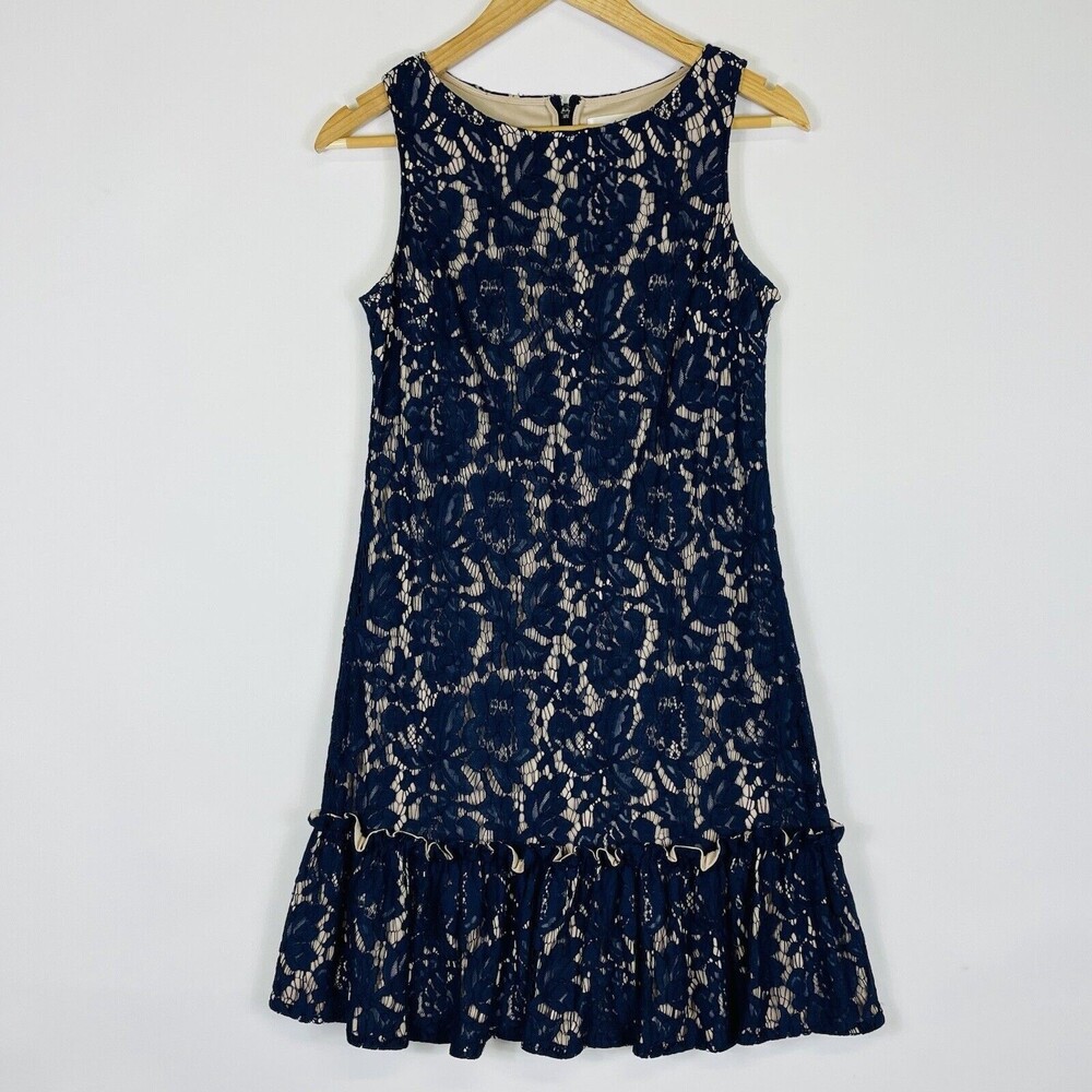Eliza J Lace Shift Dress‎ Womens 2 Navy Blue Ruffle Coquette Romantic Preppy